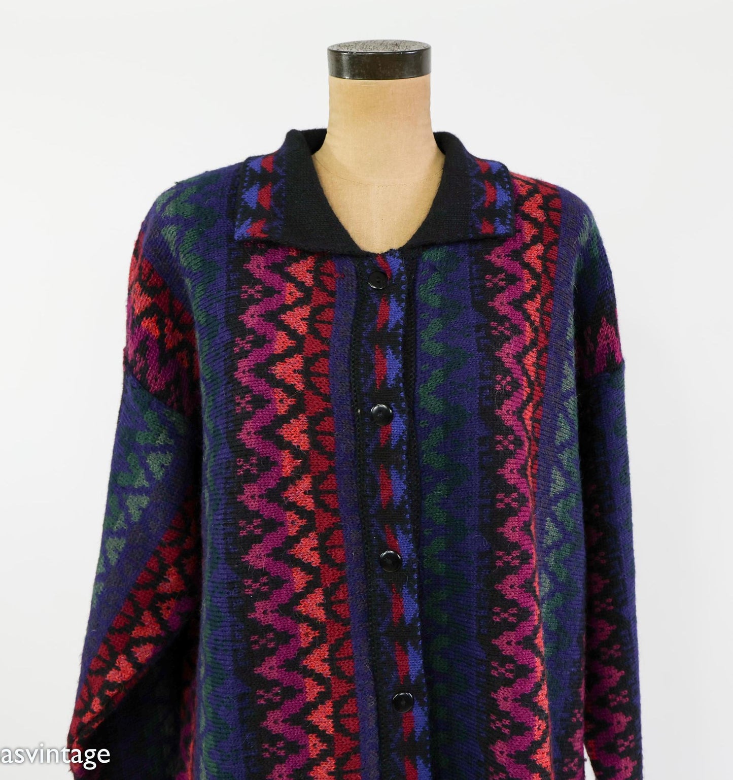 1980s Black Alpaca Wool Stripe Cardigan Sweater Jacket, Large