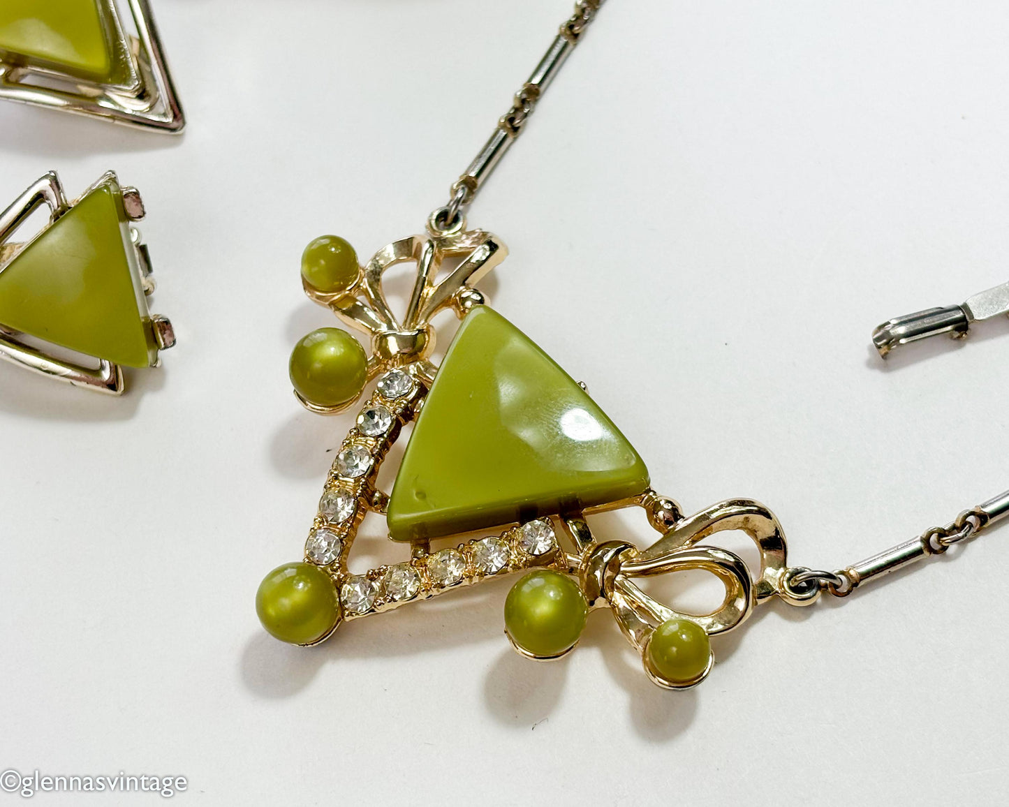 1960s Olive Green Thermoplastic Jewelry Set, Necklace Bracelet & Earrings