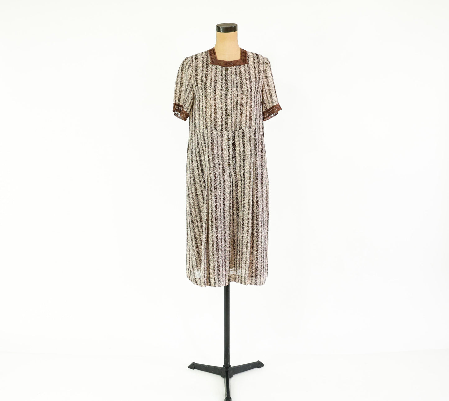 1940s Brown Striped Day Dress, Extra Large
