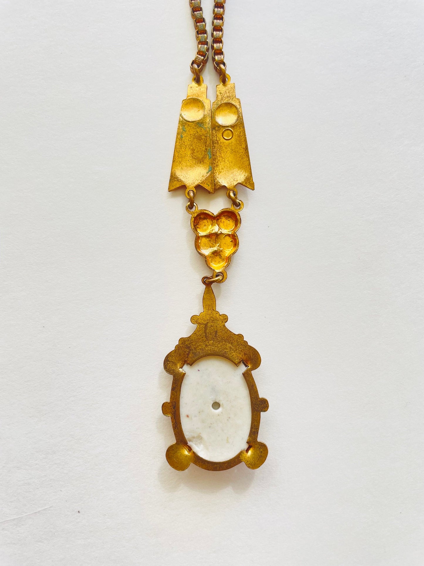 1920s Porcelain Pendant Necklace | Gold Victorian Couple, Brass Chain
