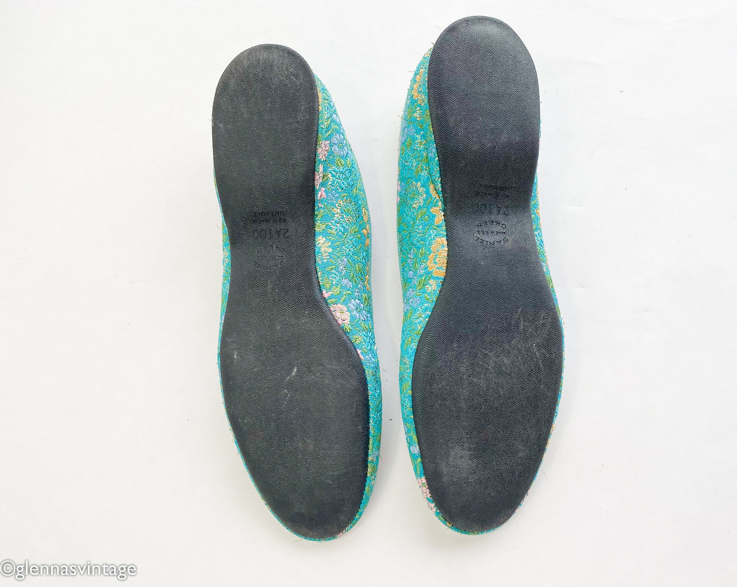 1950s Turquoise Brocade Slippers | Blue & Gold Shoes , Size 12