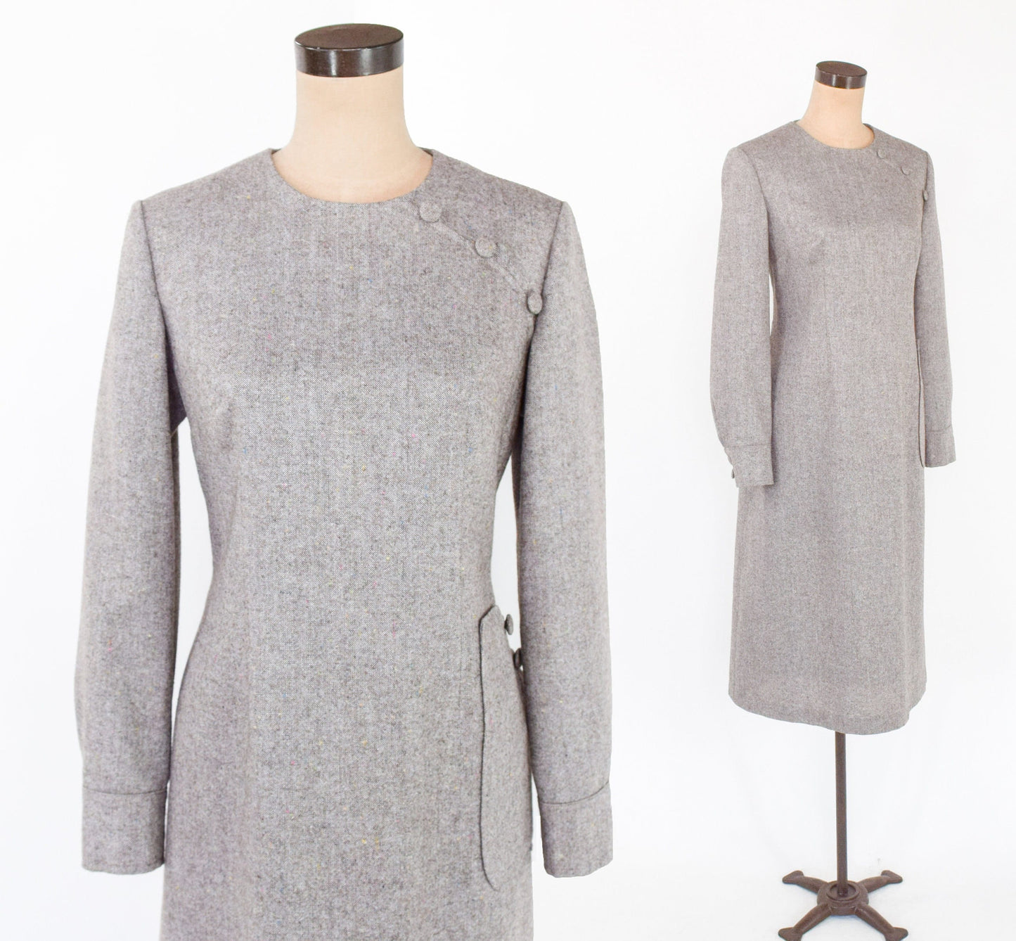 1950s Beige Wool Tweed Sheath Dress, Medium