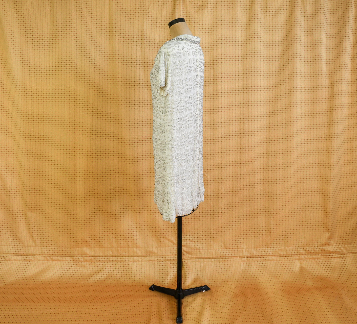 1960s White Silver Beaded Shift Dress, Short Wedding Dress, Extra Large