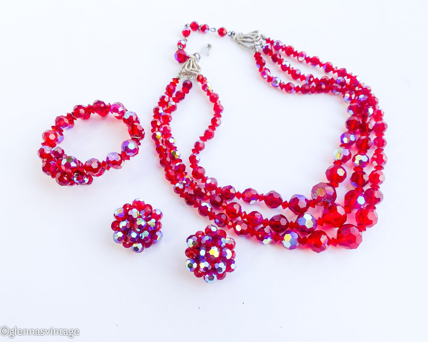 1950s Red Aurora Borealis Crystal Necklace Bracelet Earrings Set, Parure Jewelry set