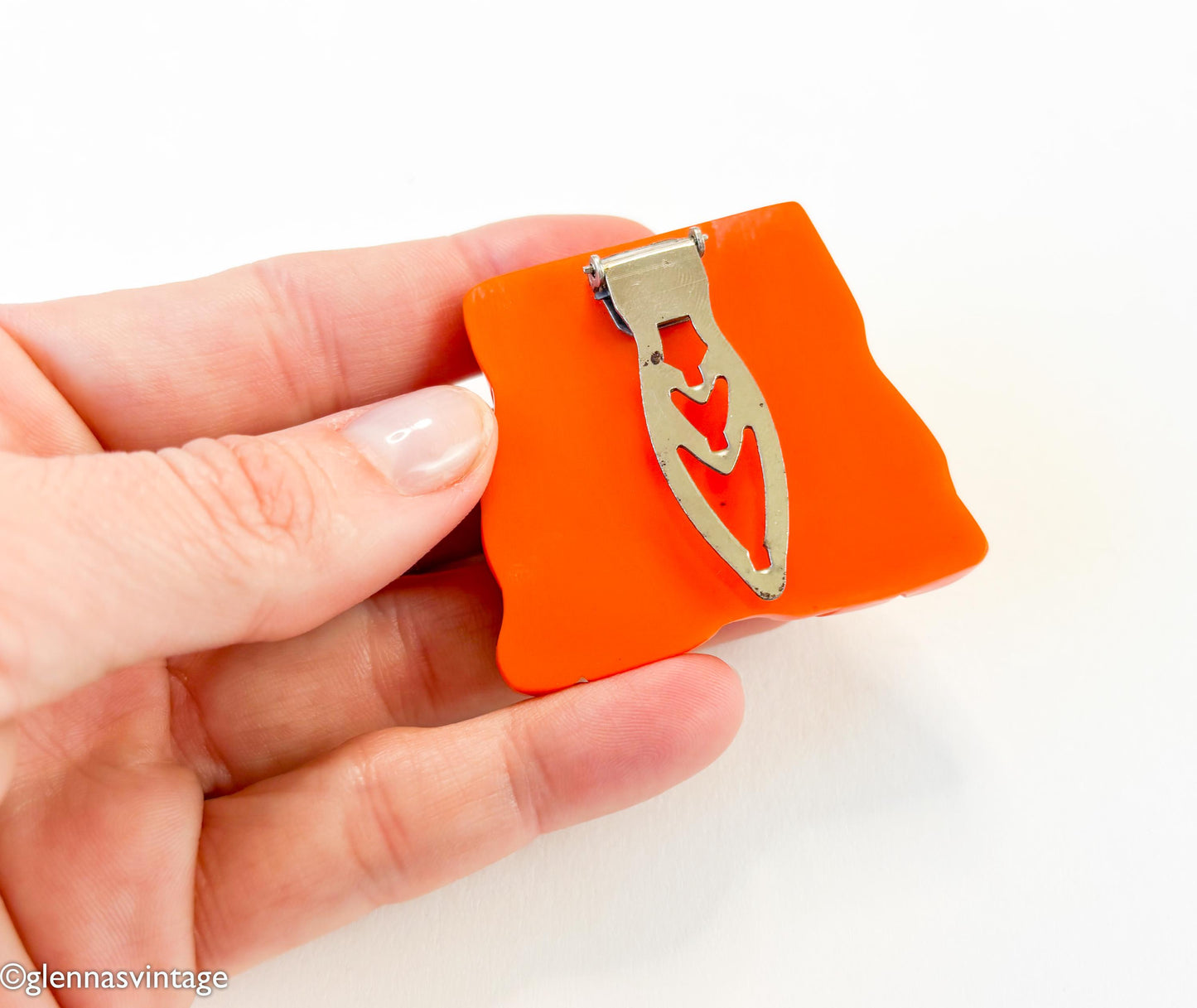 Vintage 1930s Orange Bakelite Dress Clip | Carved Floral Plastic Clip