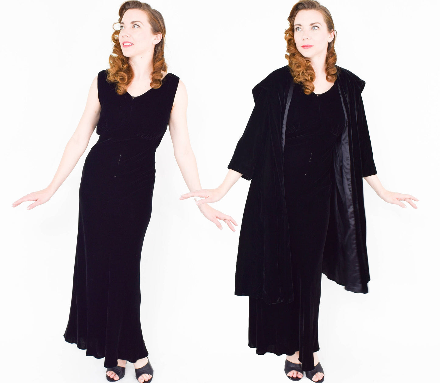 1940s Black Silk Velvet Gown & Coat | 40s Black Silk Velvet Bias Cut Dress Coat Set | Old Hollywood | California | Small
