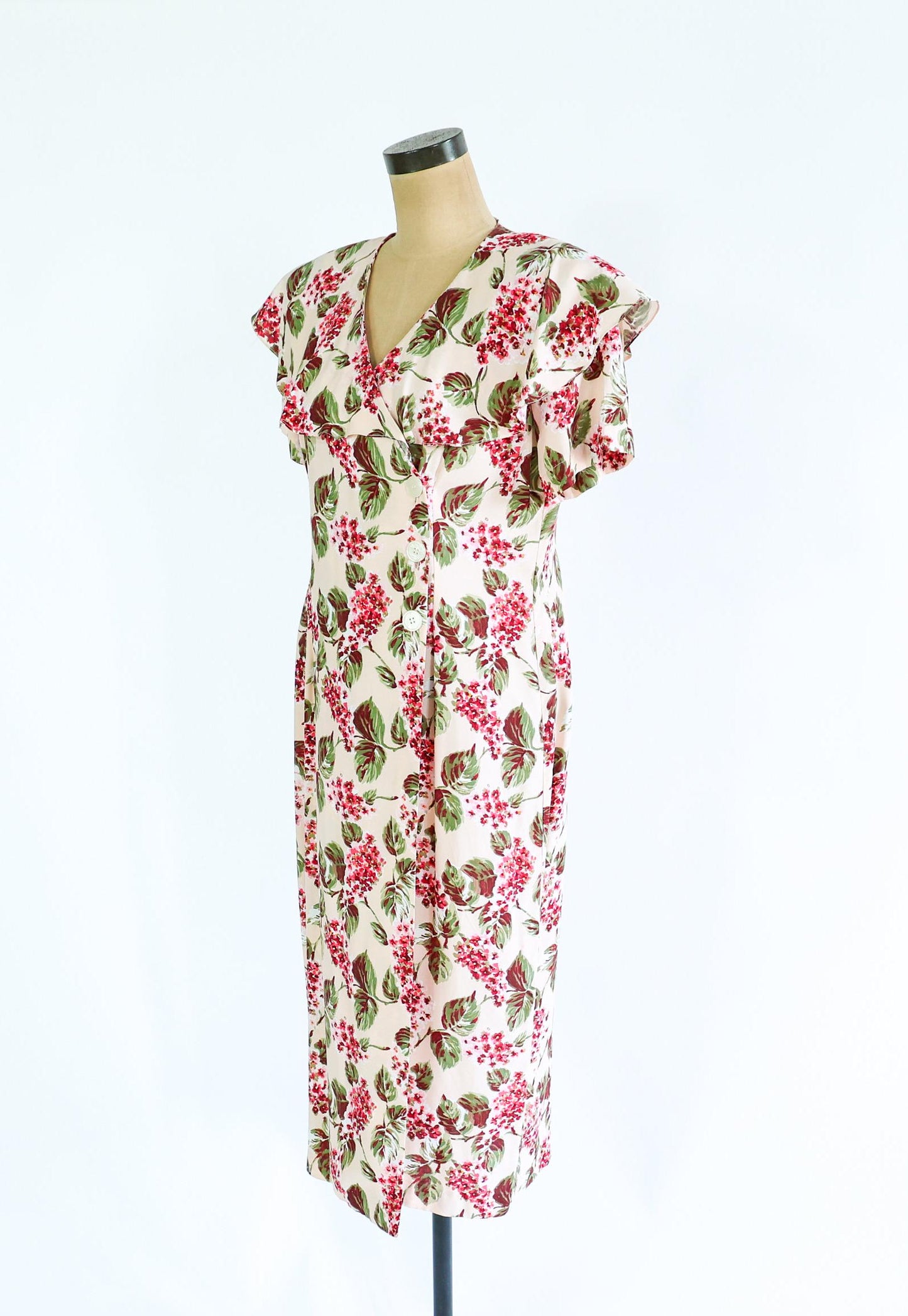 1980s Creme & Pink Floral Print Dress, Size 8 Medium