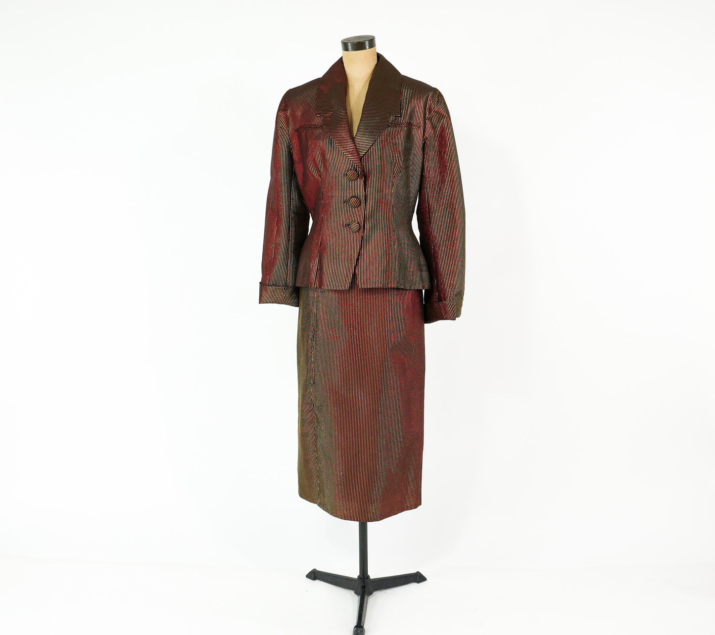 1980s Black Gold Pinstripe Jacket & Skirt, Large