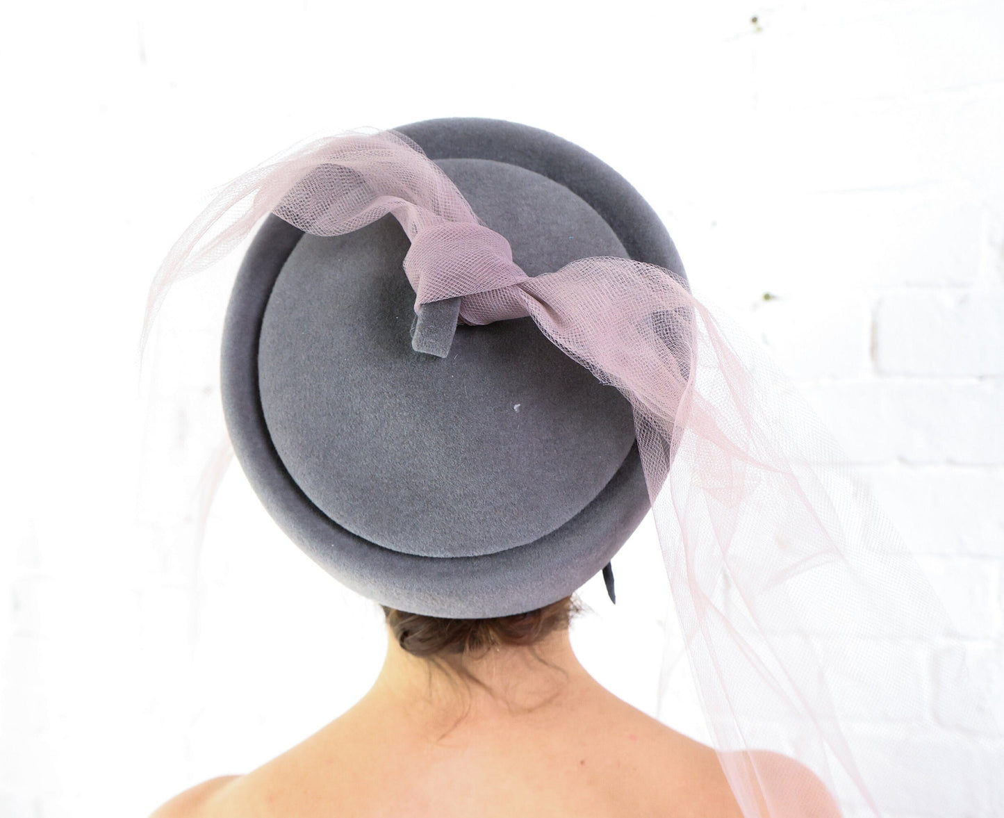 1960s Gray Wool Hat with Lavender Tulle Veil