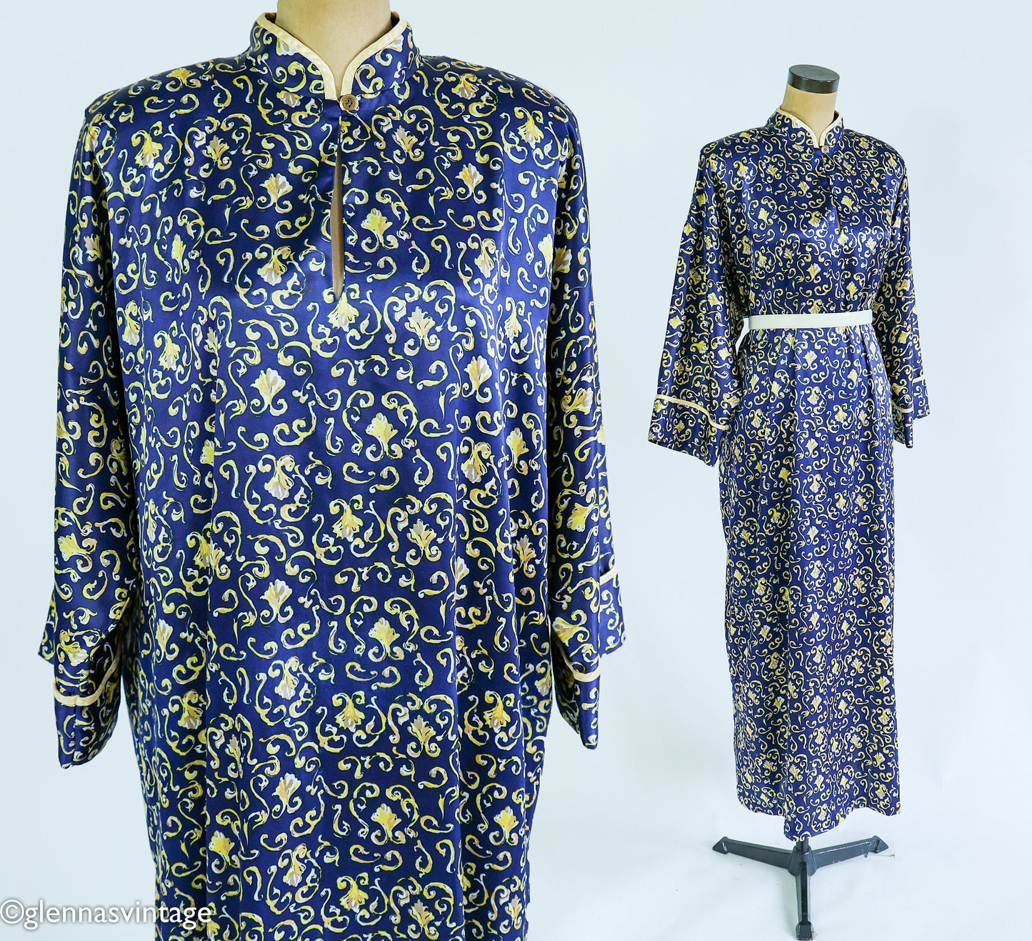 1980s Navy Satin Print Caftan | Mary McFadden | XL