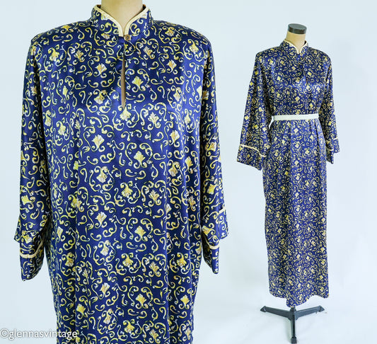 1980s Navy Satin Print Caftan | Mary McFadden | XL