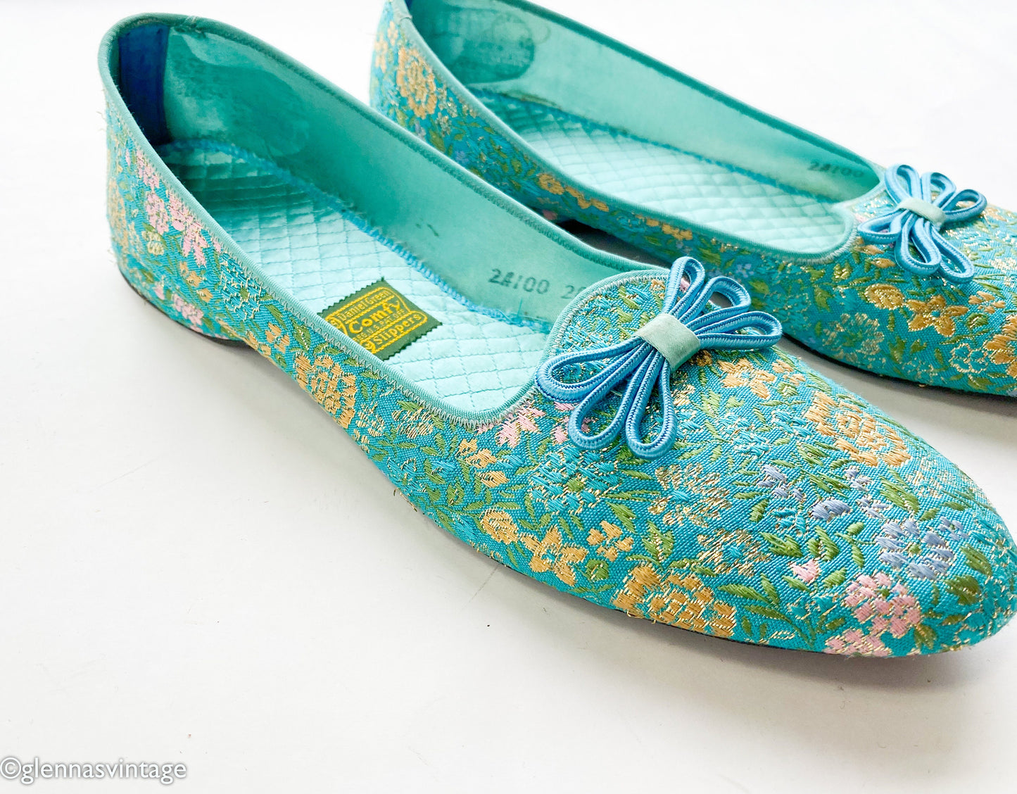 1950s Turquoise Brocade Slippers | Blue & Gold Shoes , Size 12