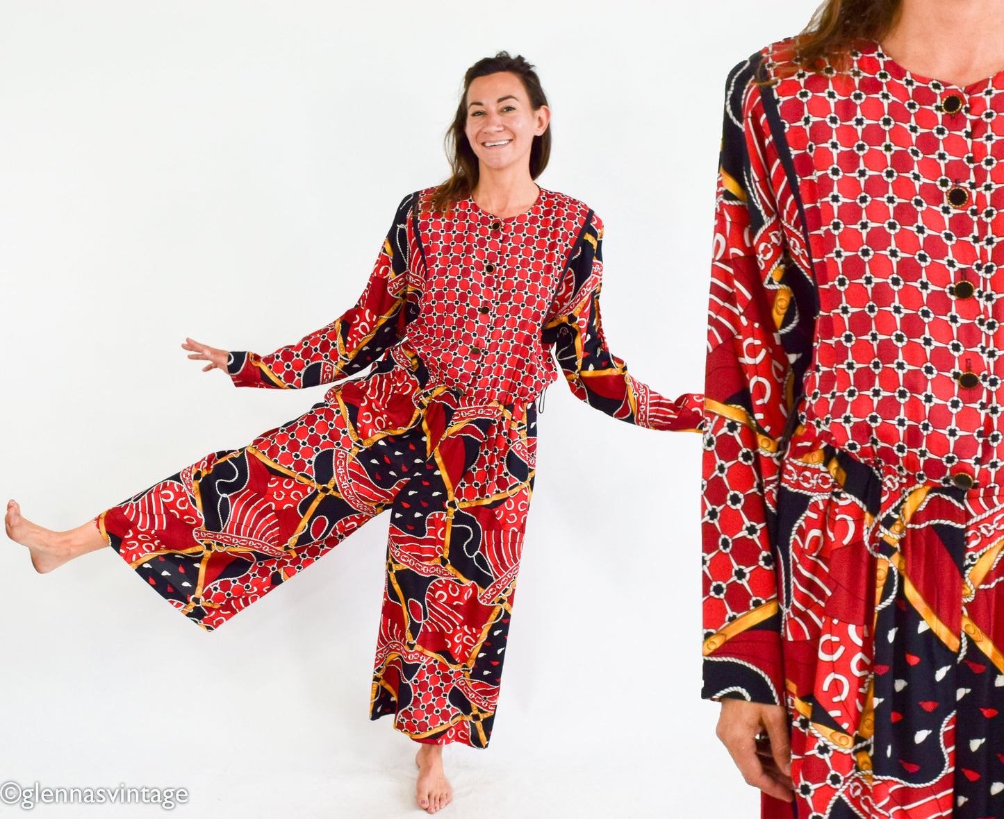 1980s Red Print Jumpsuit | 80s Red Wide Leg Jumpsuit | Choon | Medium