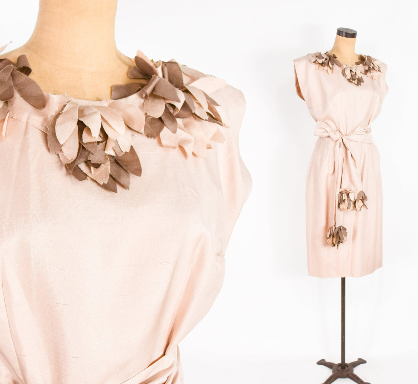 1950s Flutter Collar Creme Silk Sheath Dress, Medium