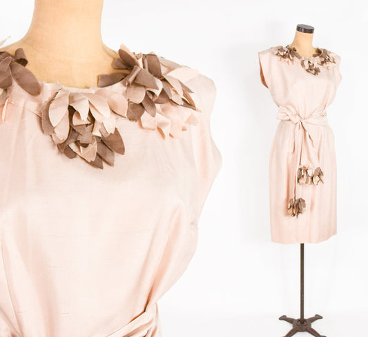 1950s Flutter Collar Creme Silk Sheath Dress, Medium