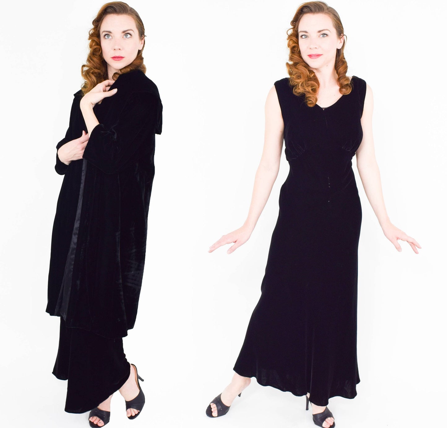 1940s Black Silk Velvet Gown & Coat | 40s Black Silk Velvet Bias Cut Dress Coat Set | Old Hollywood | California | Small