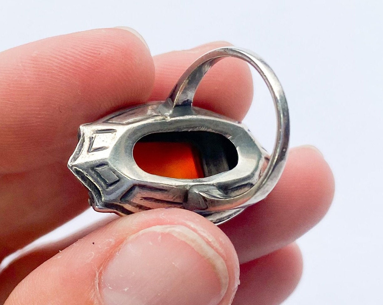 1940s Art Deco Carnelian Marcasite Sterling Silver Ring,Size 5 3/4
