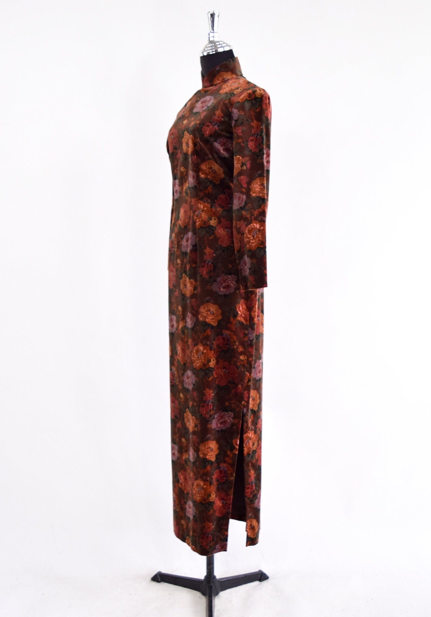 1950s Brown Floral Velvet Cheongsam Dress, Small