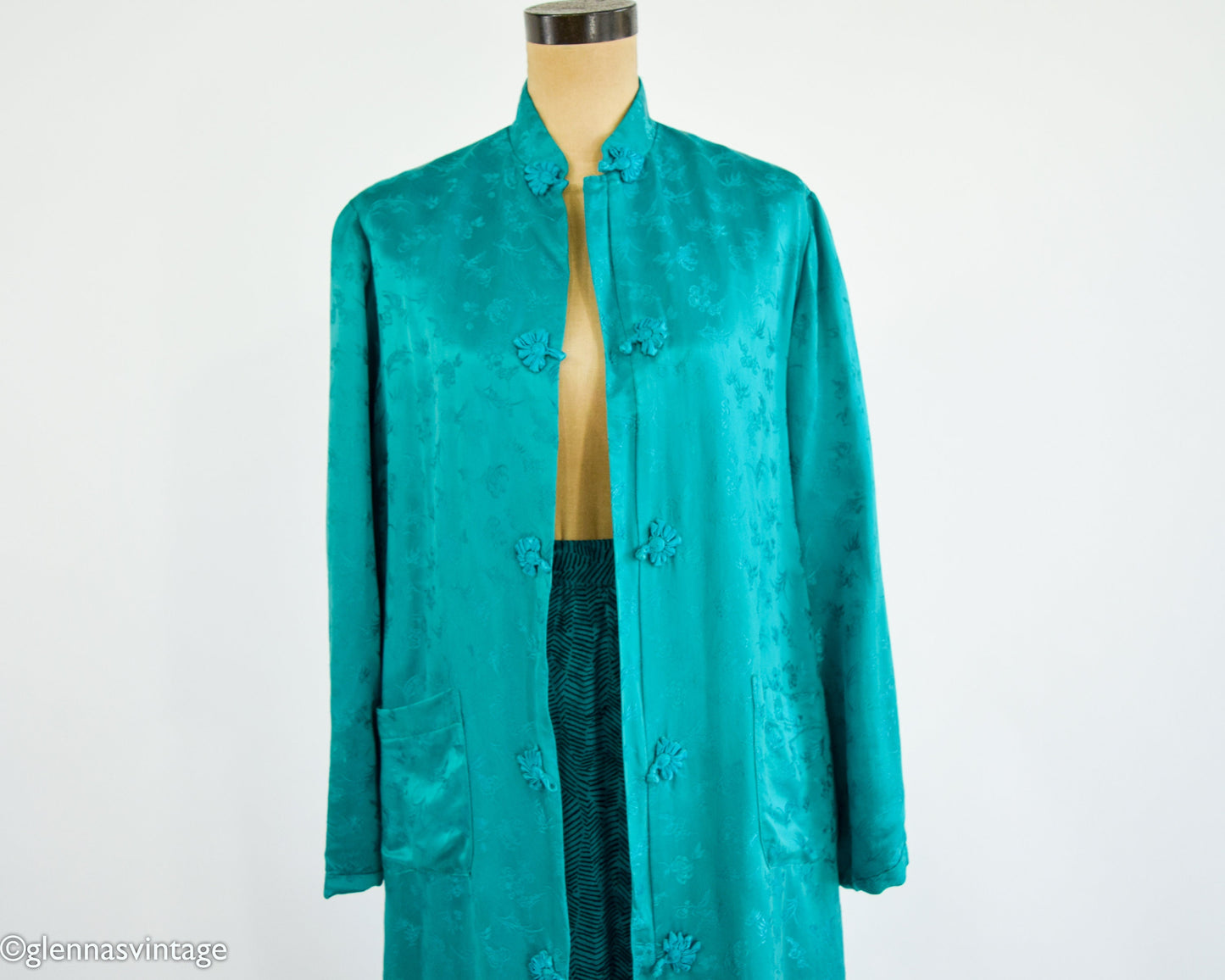 1960s Turquoise Silk Evening Coat | 60s Emerald Green Silk Coat | Cathay | Large