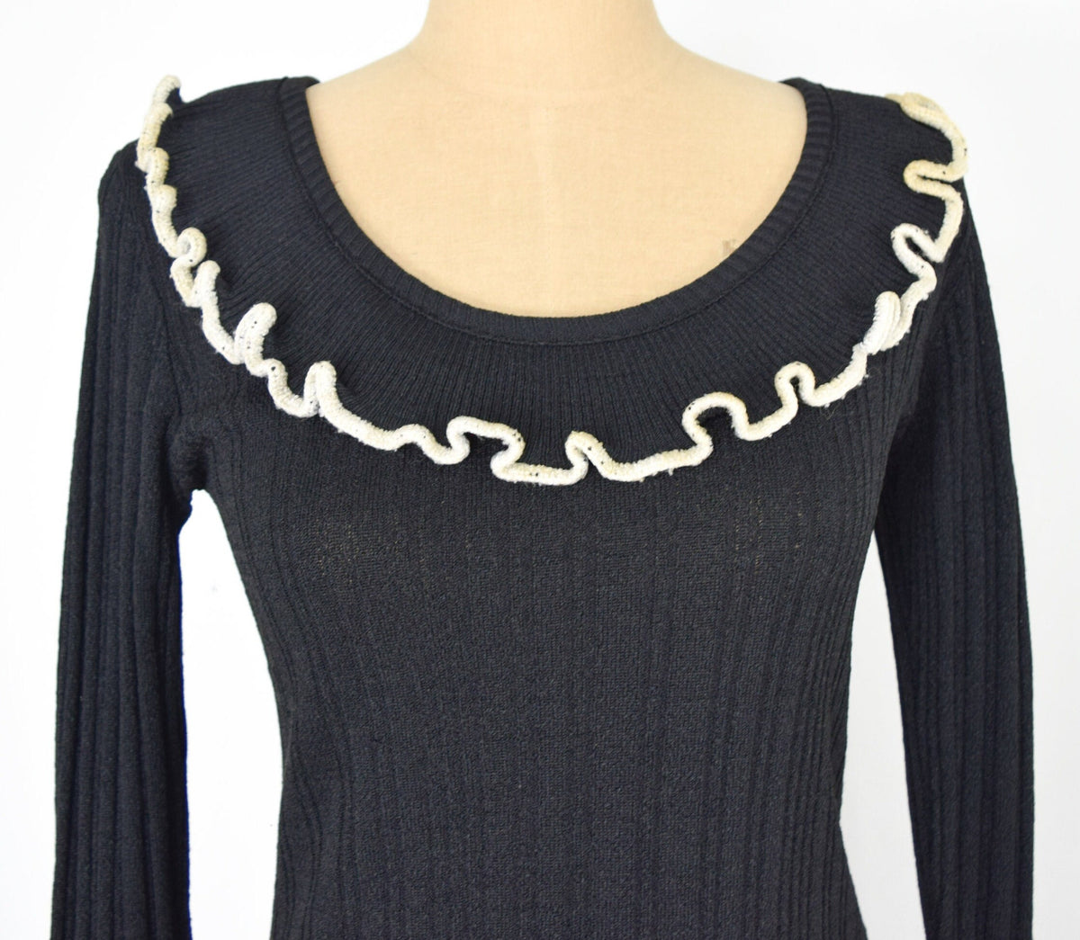 1970s Black Knit Sweater Skirt Set | Ruffle Trim, Medium