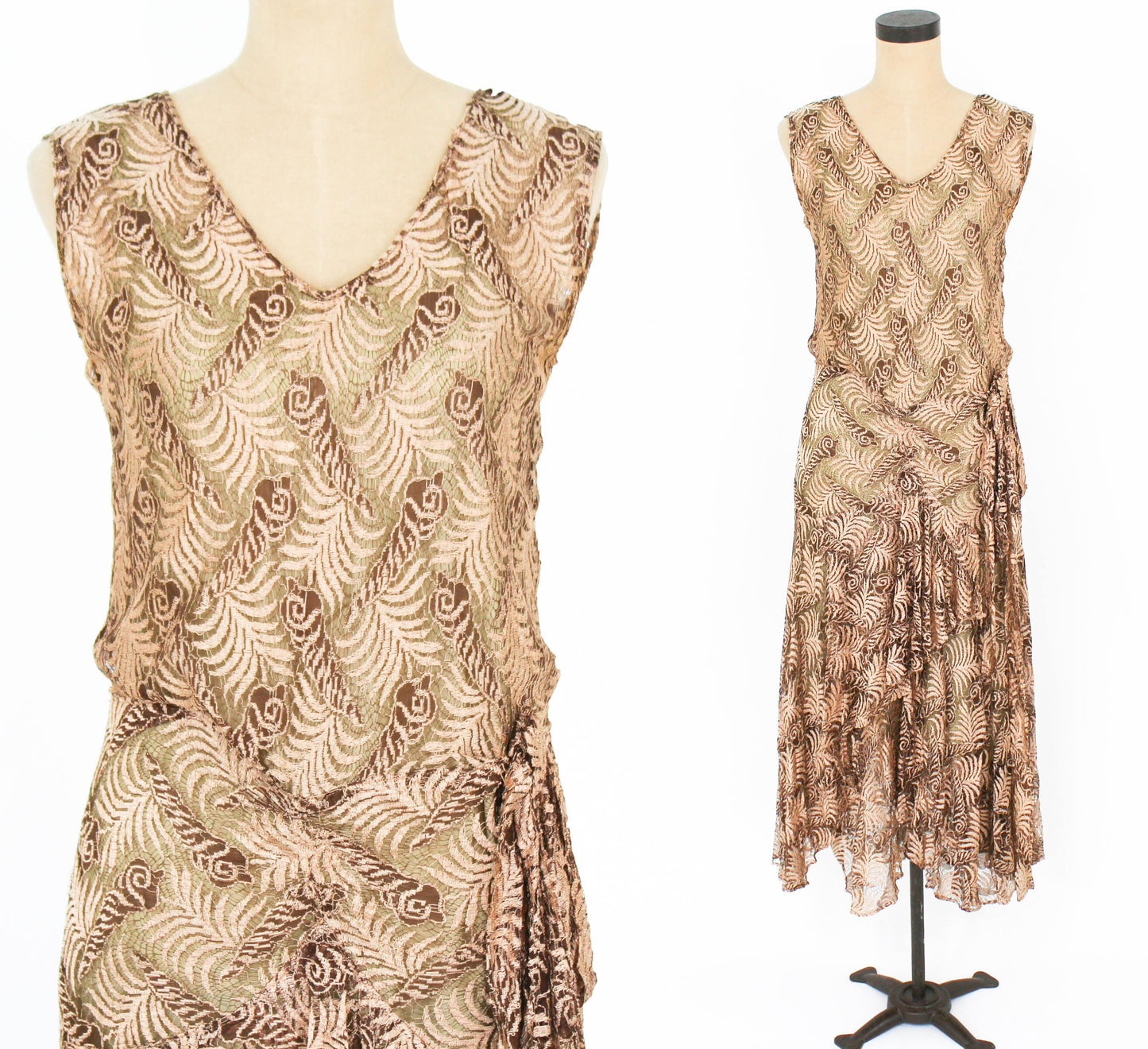 1920s Metallic Gold Lace Evening Dress, Flapper Style, Extra Small