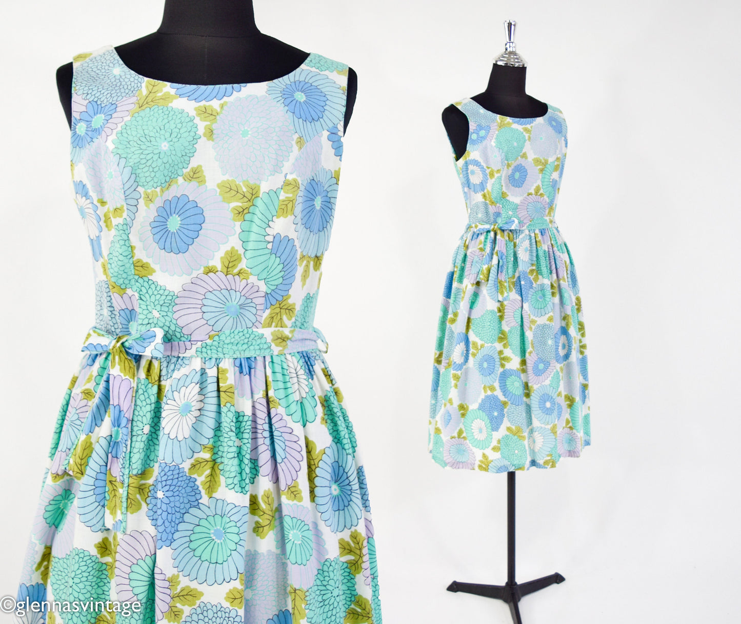 1950s Blue Turquoise Floral Print Cotton Day Dress, Medium