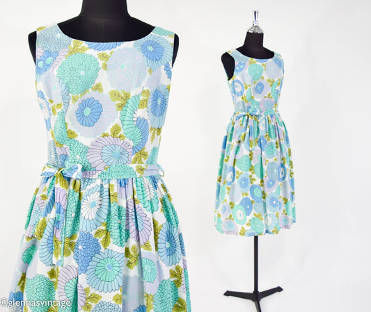 1950s Blue Turquoise Floral Print Cotton Day Dress, Medium