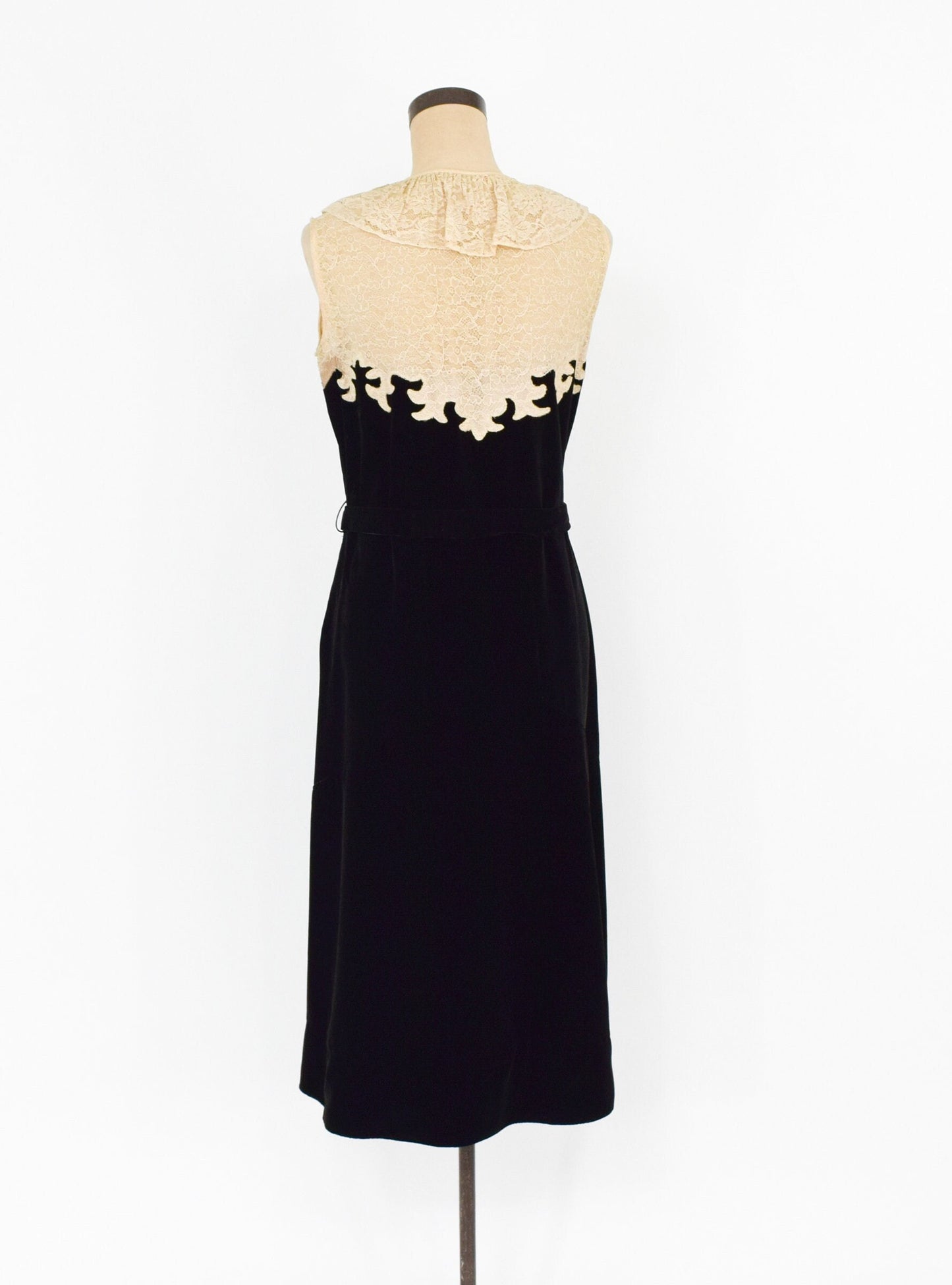 1920s Black Velvet Dress with Lace Bodice, Medium