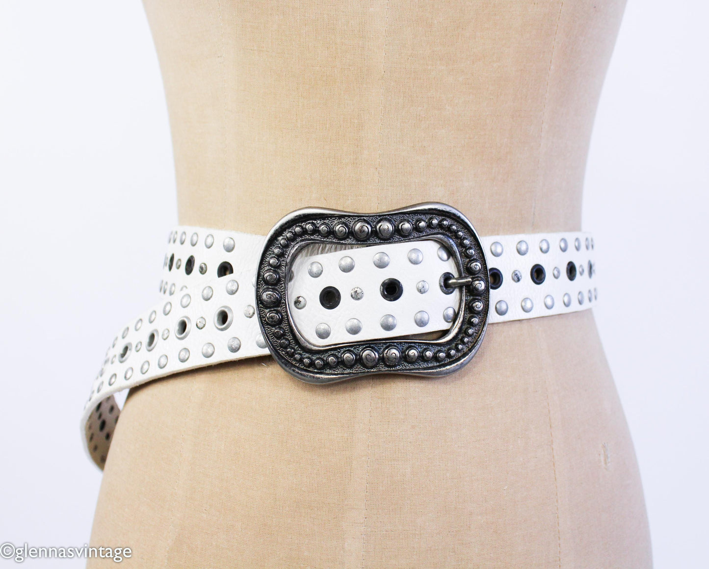 1980s White Leather Rivet Belt with Silver Buckle, Medium