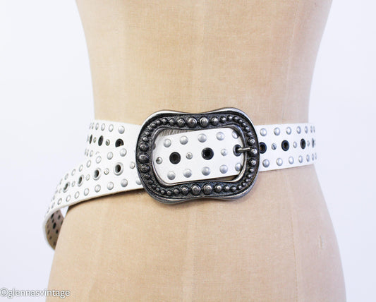 1980s White Leather Rivet Belt with Silver Buckle, Medium