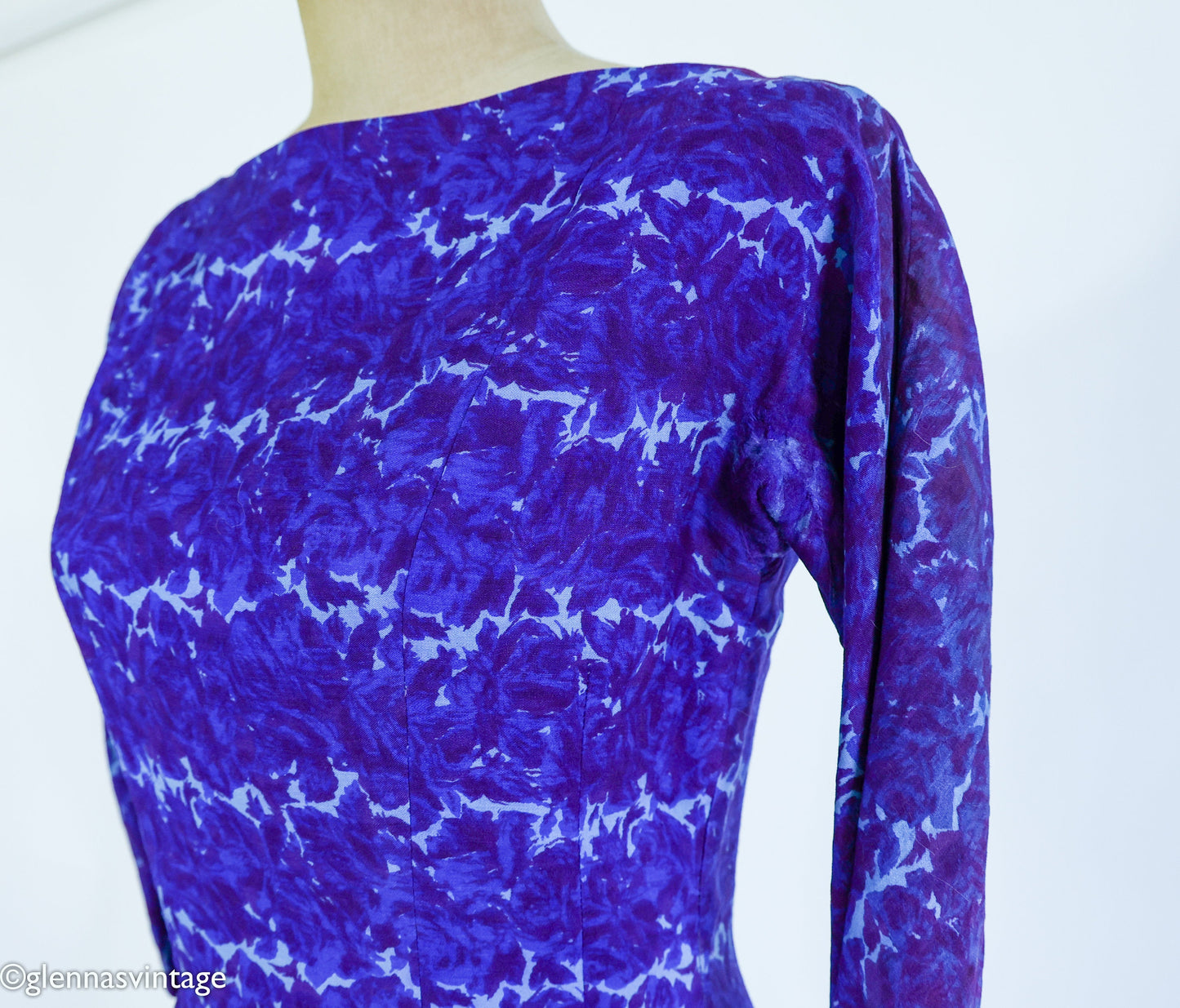 1950s Purple & Blue Print Wiggle Dress, Small