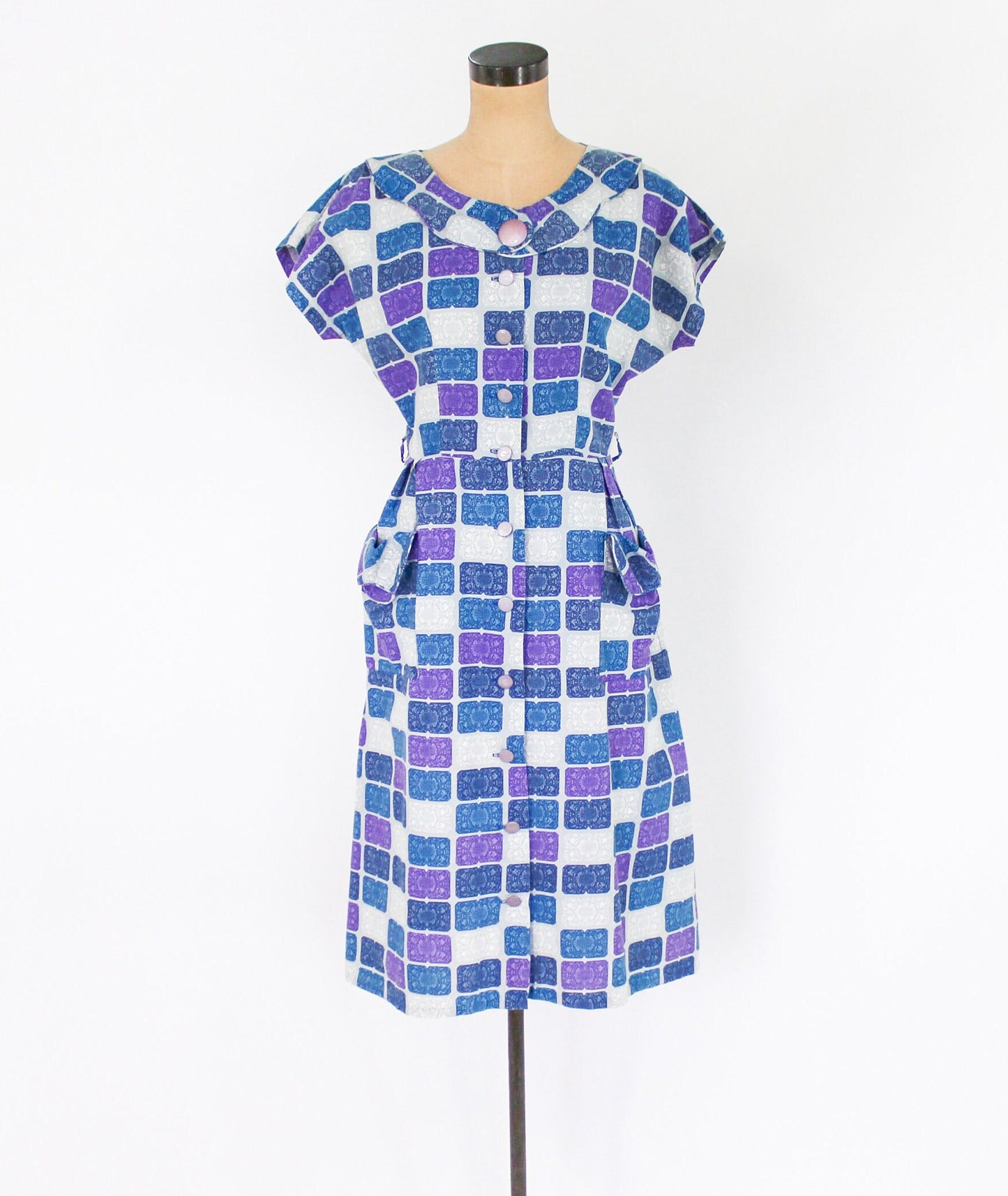1950s Blue Purple Print Cotton Day Dress Rockabilly, Large