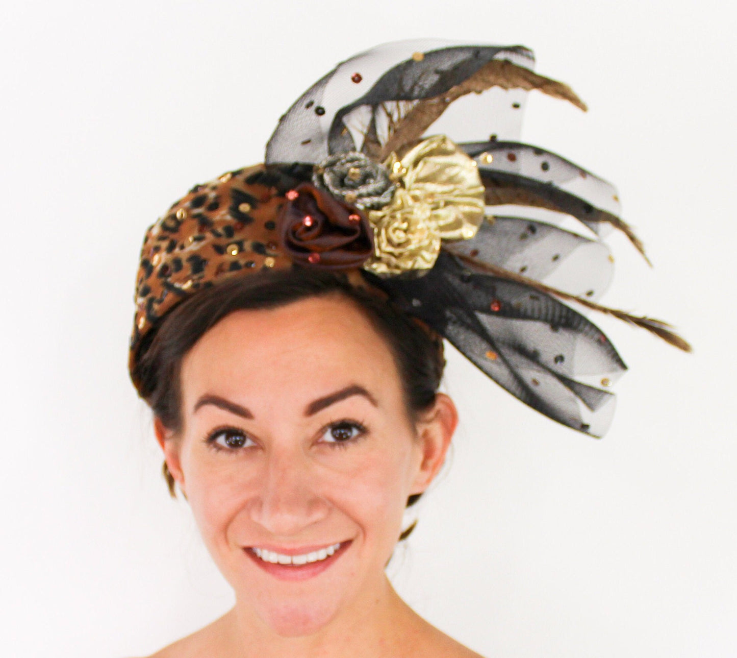 1980s Leopard Fascinator Hat with Tulle & Sequins