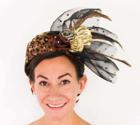 1980s Leopard Fascinator Hat with Tulle & Sequins