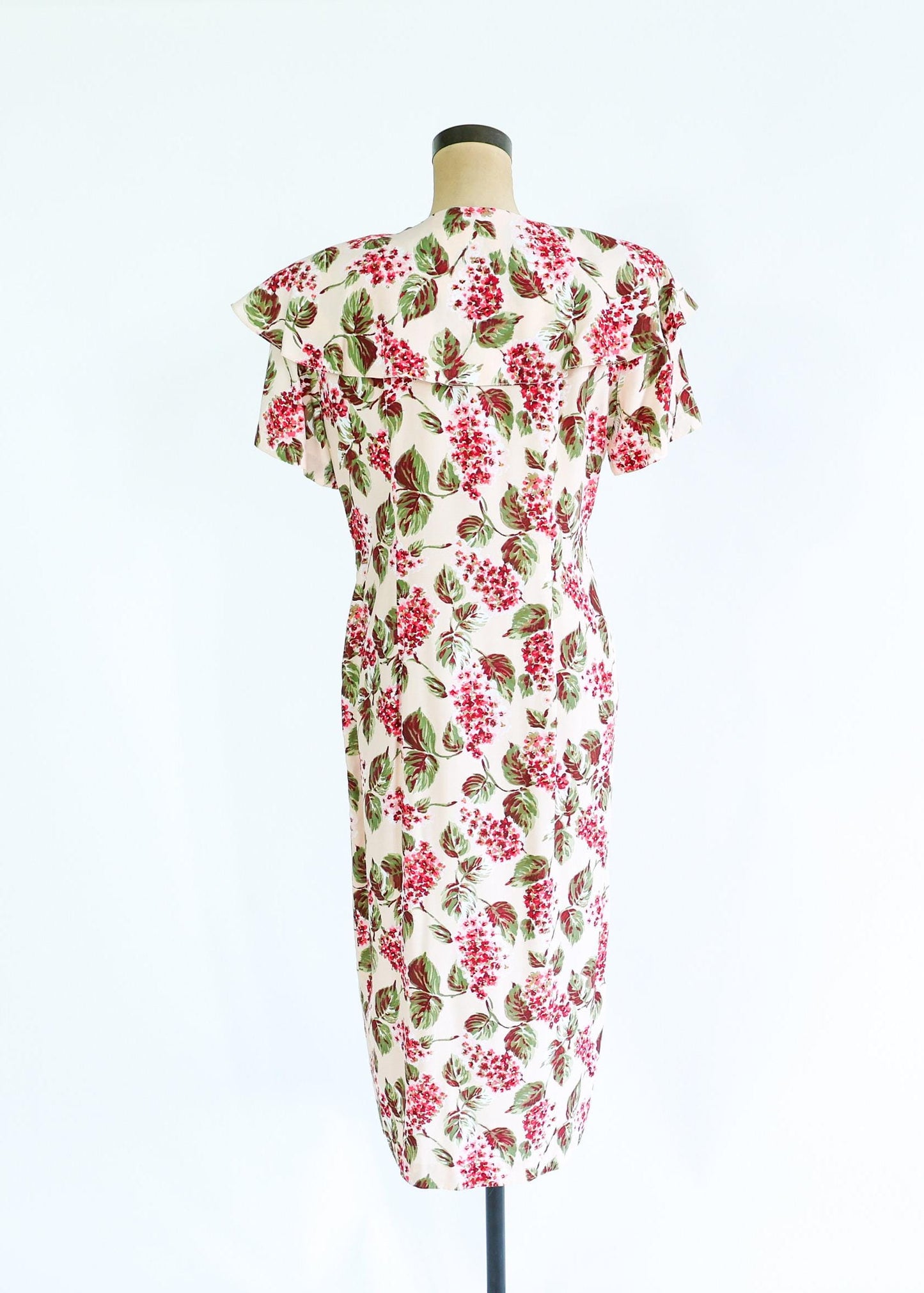 1980s Creme & Pink Floral Print Dress, Size 8 Medium