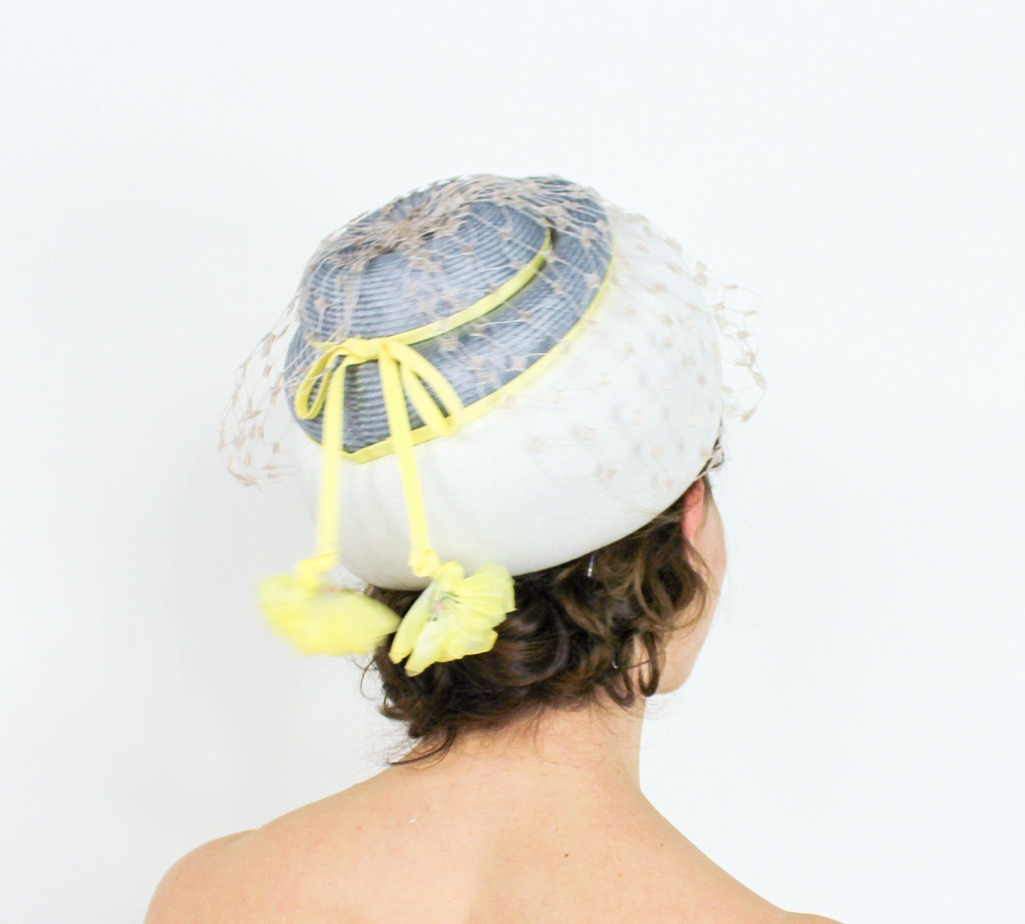 1960s White Yellow & Gray Pillbox Hat, Coralie Hat