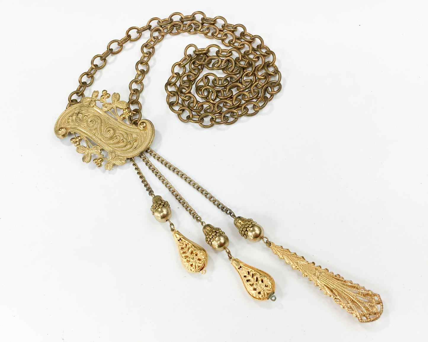 1940s Brass Chain Fur Clip | 40s Long Chain Dress Clip | Gold Chain Necklace