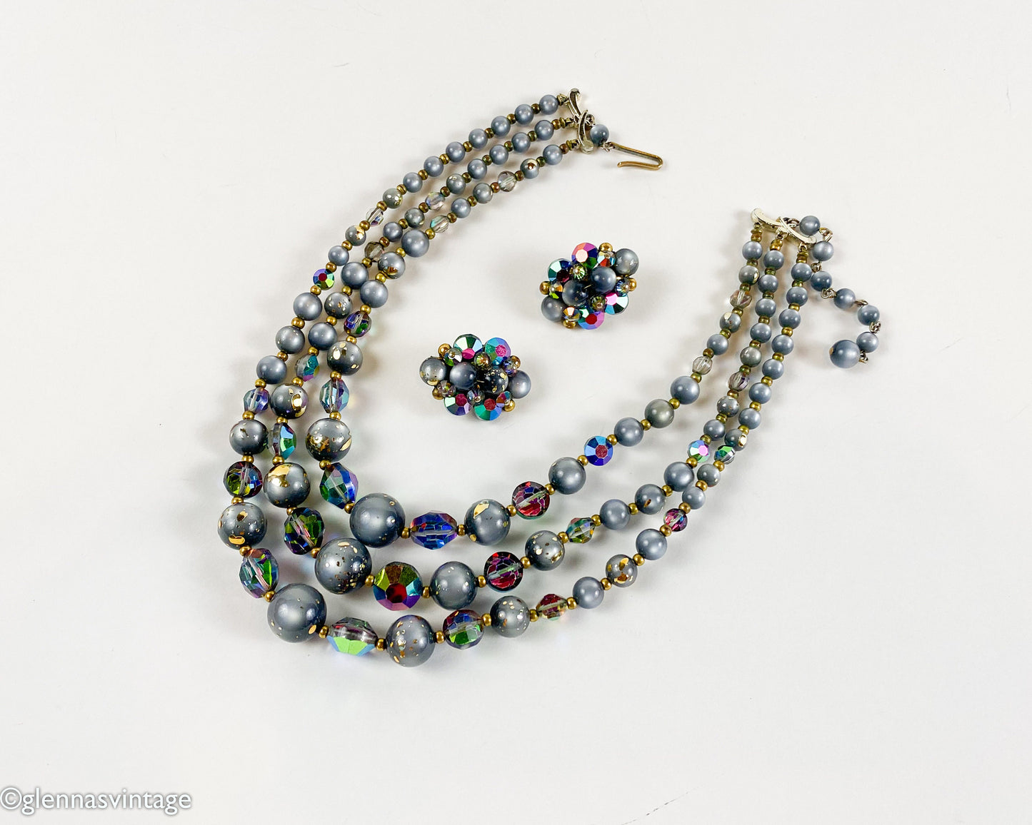 1960s Gray Aurora Borealis Necklace and Clip Earrings Set