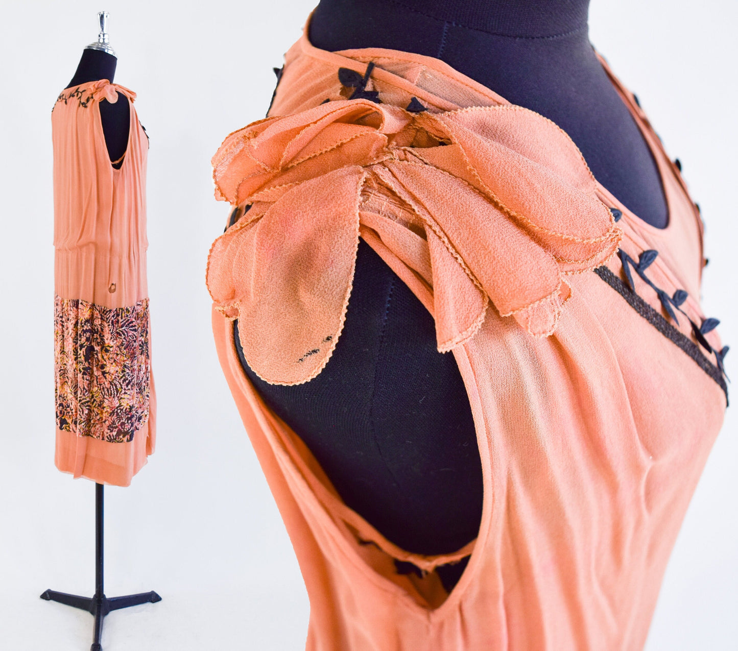1920s Orange Silk Flapper Dress with Burnout Velvet Panels, Medium