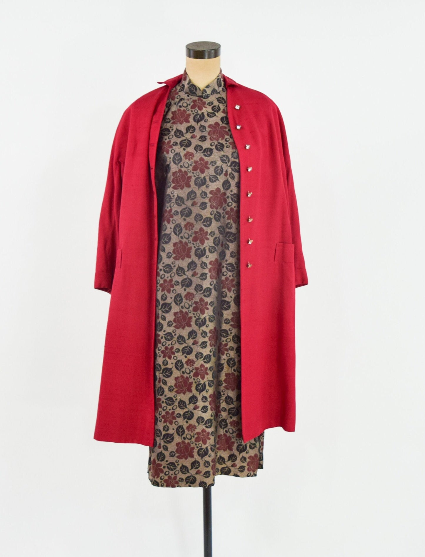 1950s Red Silk Evening Coat | 50s Red Raw Silk Evening Coat | Lou Johnson | Large