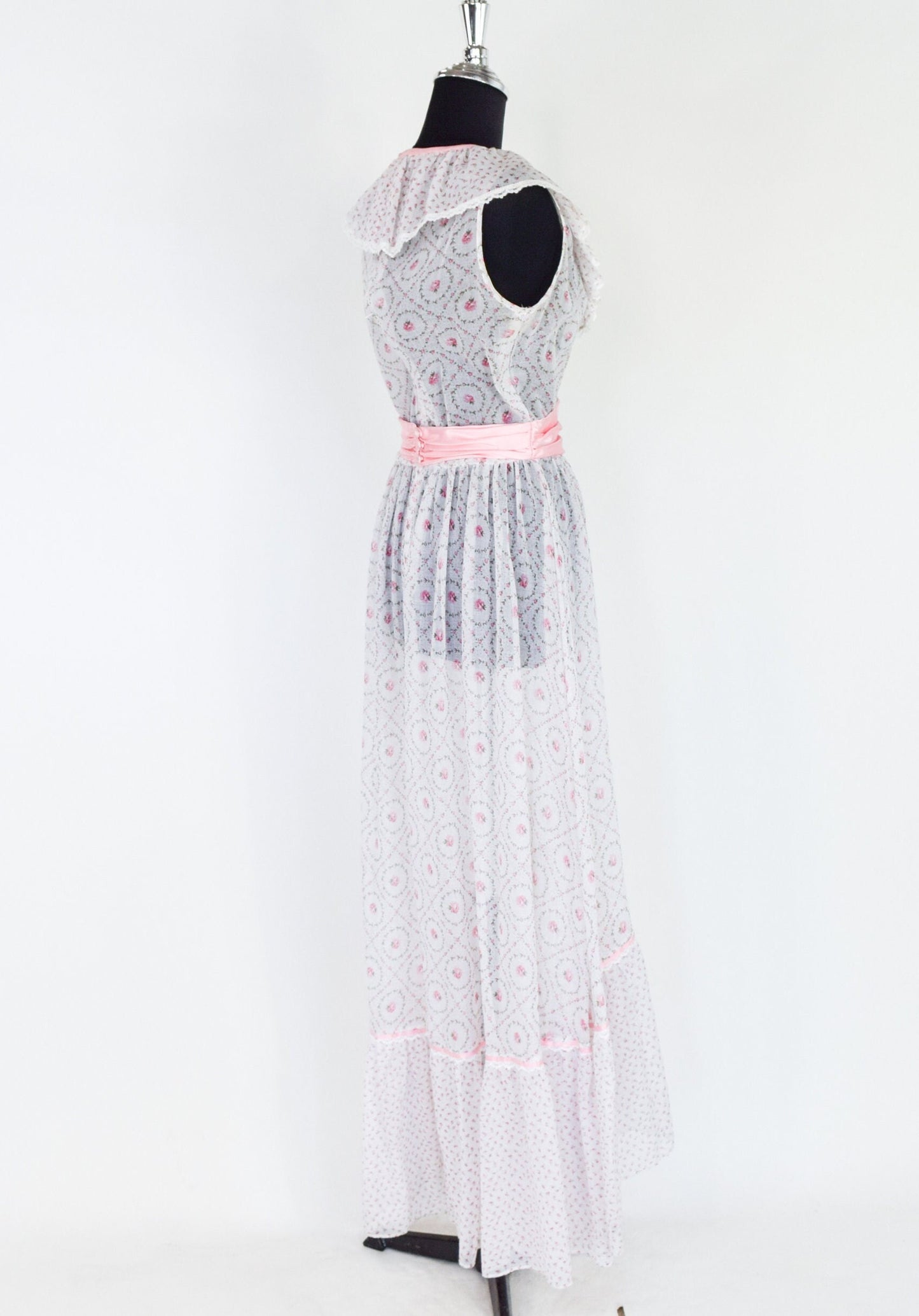 1970s White Pink Floral Print Maxi Dress, Small