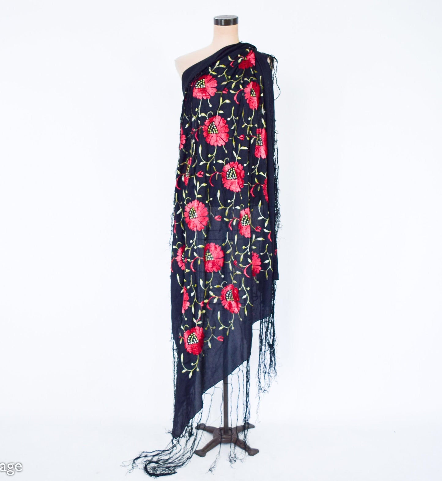 1910s Black & Red Embroidered Silk Piano Shawl Scarf