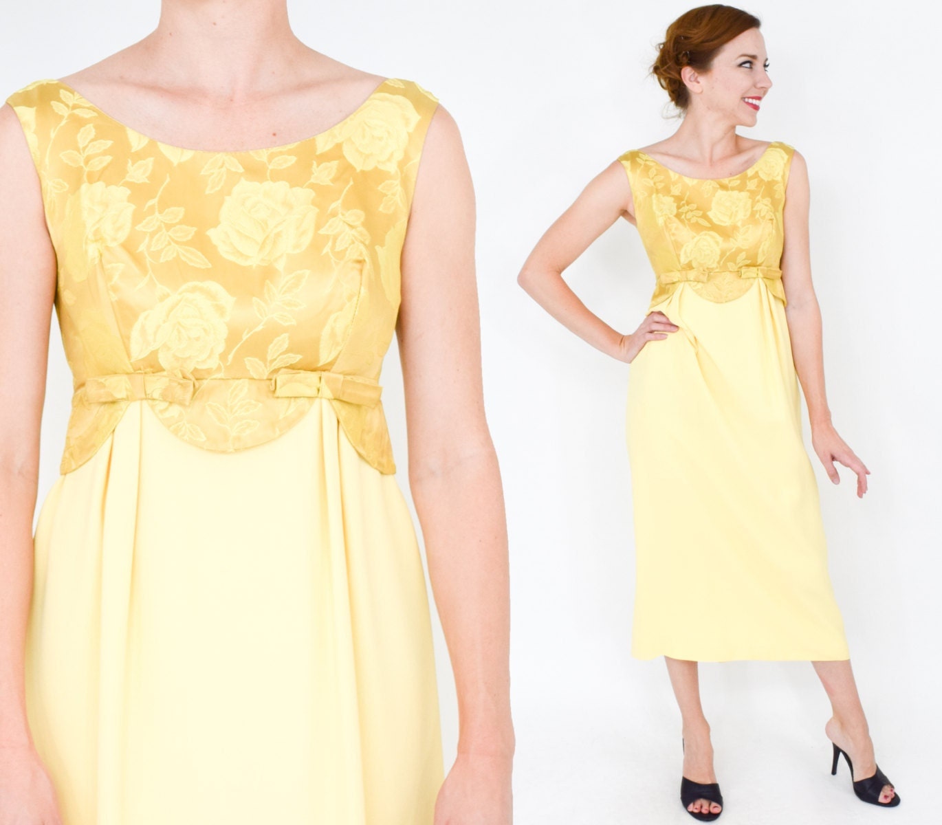 1950s Yellow Crepe Evening Dress | 50s Lemon Yellow & Brocade Party Dress | Small