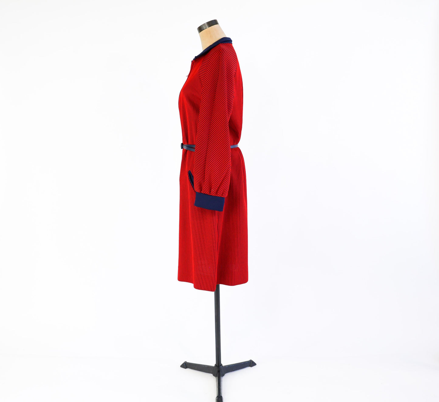 1960s Red Navy Striped Knit Dress , Extra Large, 40" Waist