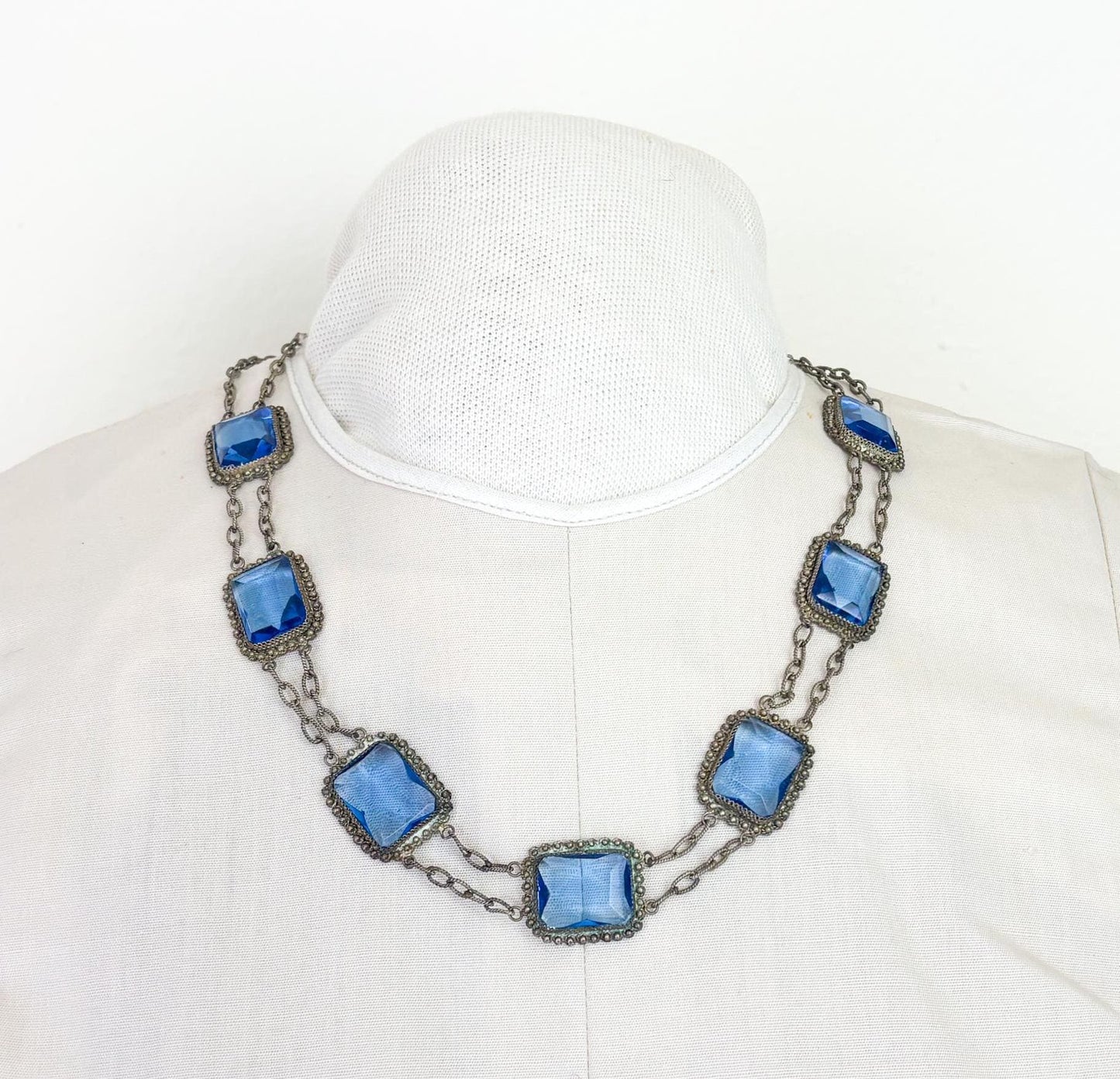 1900s Edwardian Blue Glass & Filigree Rectangle Necklace