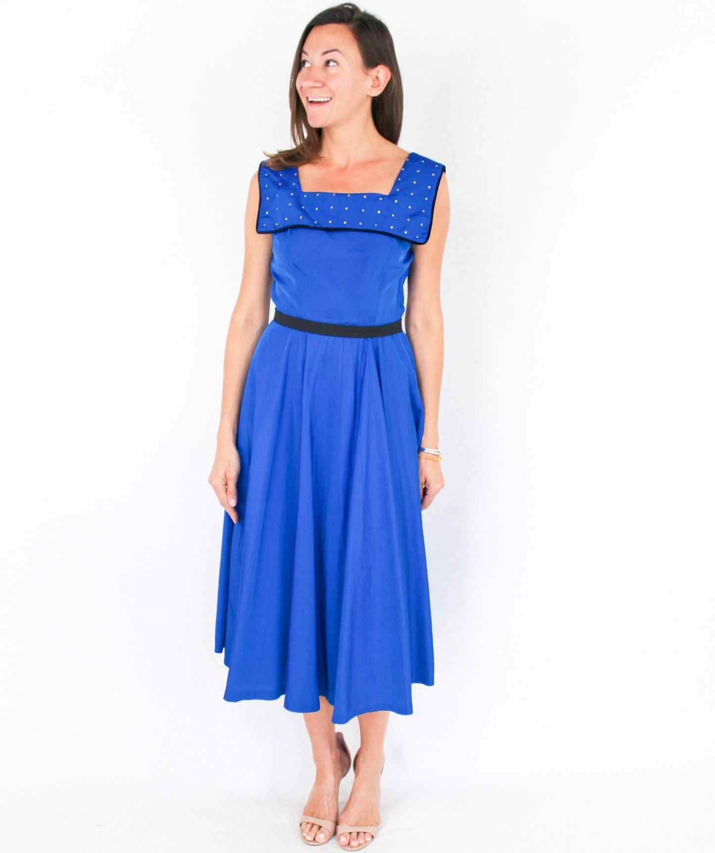 1940s Vintage Peacock Blue Taffeta Cocktail Dress with Rhinestone Collar, Small