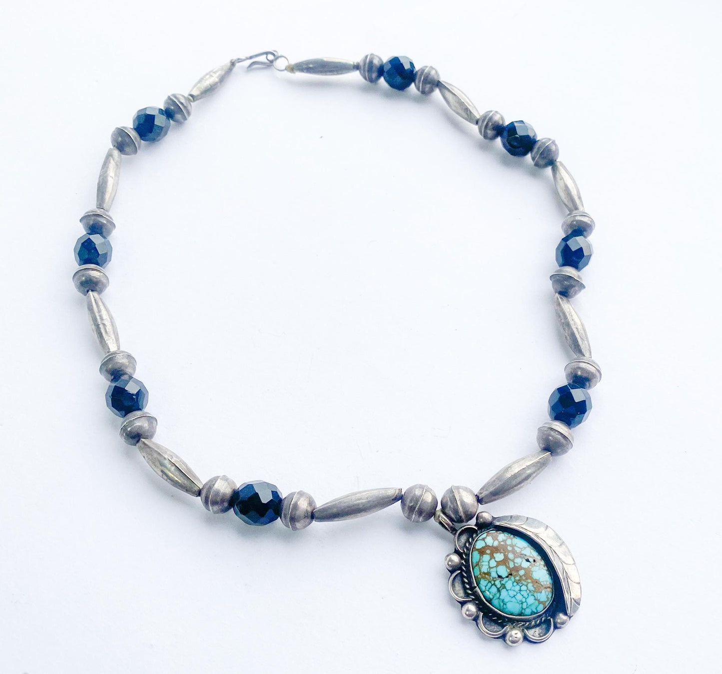 1940s Turquoise Pendant Necklace | Vintage Sterling Silver, Black Glass Beads