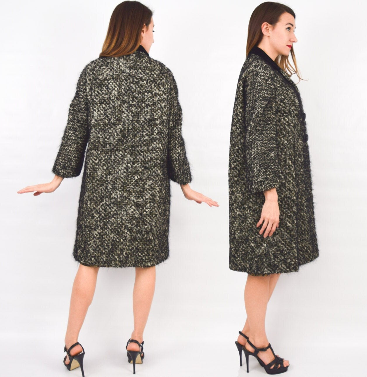 1960s Black Tweed Wool Coat | 60s Black Velvet & Mohair Wool Coat | Red Satin Lining | I. Magnin | Large