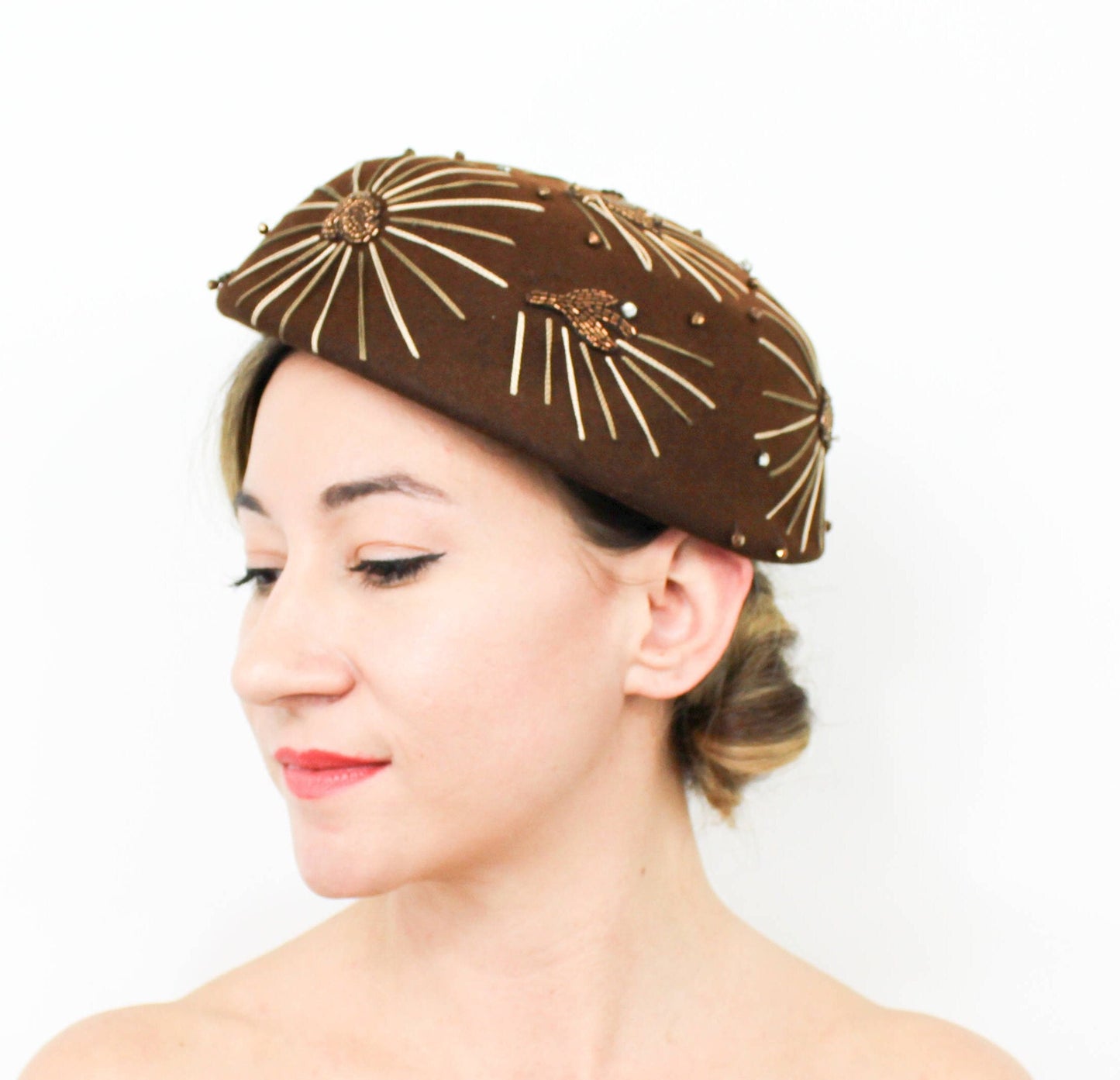 1950s Brown Rhinestone & Wool Felt Hat