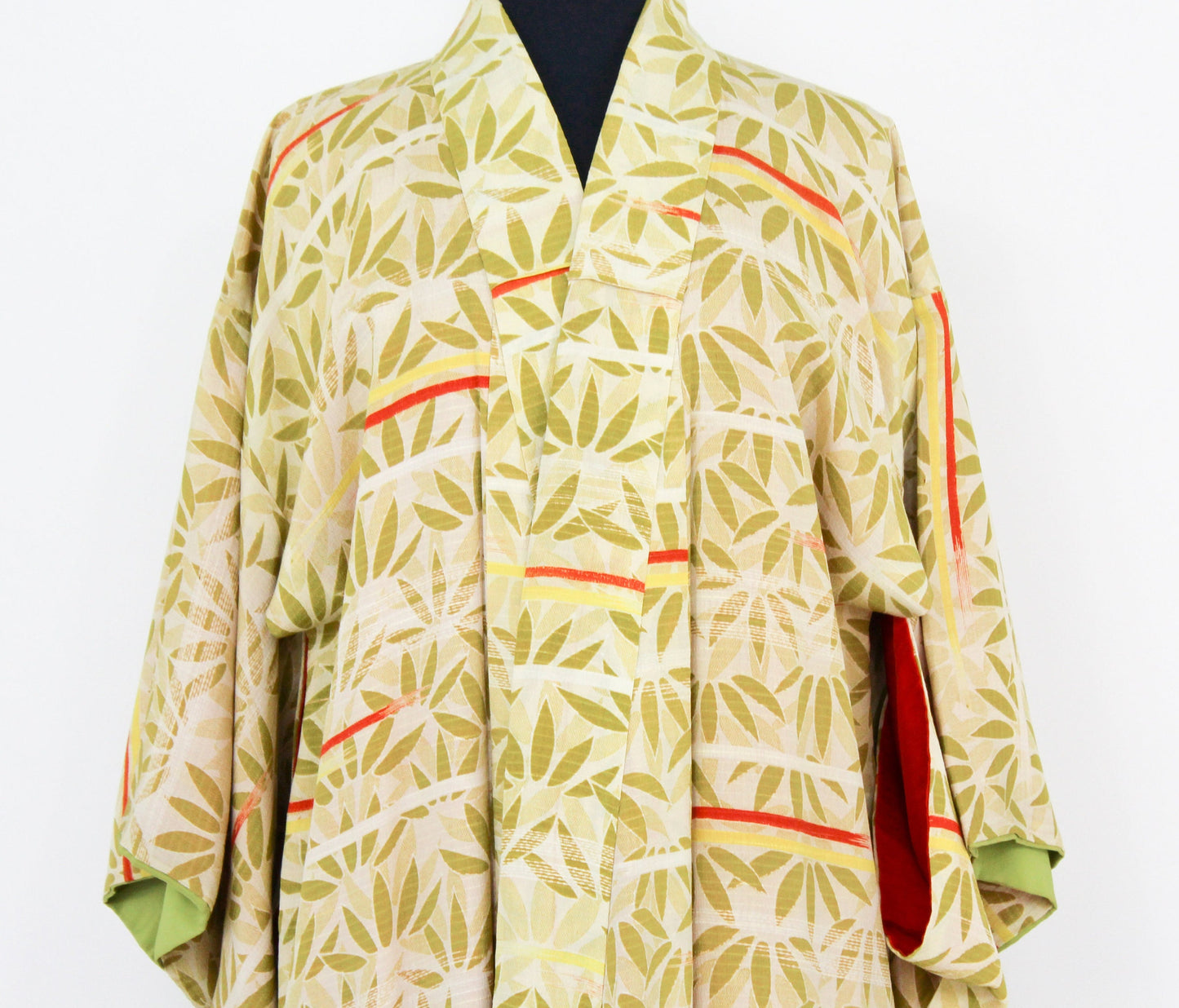 1950s Vintage Yellow Print Silk Kimono | 50s Yellow & Green Bamboo Leaf Kimono